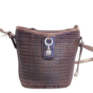 Brighton Vintage Designer Brown Woven Leather Shoulder Bucket Tote Bag Purse